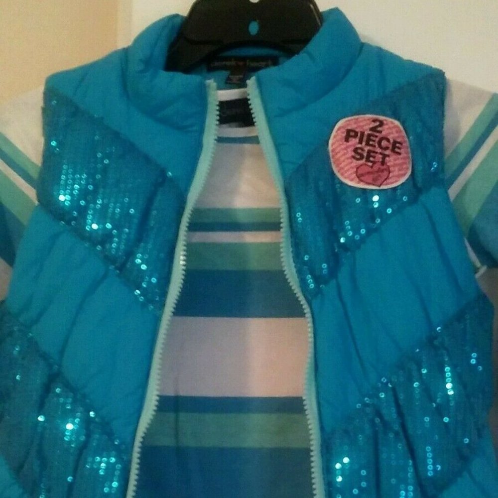 Derek Heart Blue multi-color Stripes L/Sleeve Tee Puff vest Sequin Trim M 205